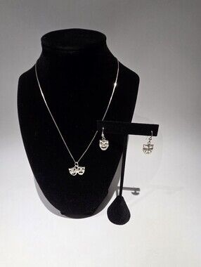 Sterling Silver Theater Mask Pendant Necklace And Matching Earrings